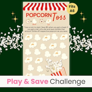 Popcorn Toss Savings Game, Head or Tail Savings Challenge Game, Fun Savings Challenge,  Flip the Coin, Roll the Dice, Movie Night, Fits A6