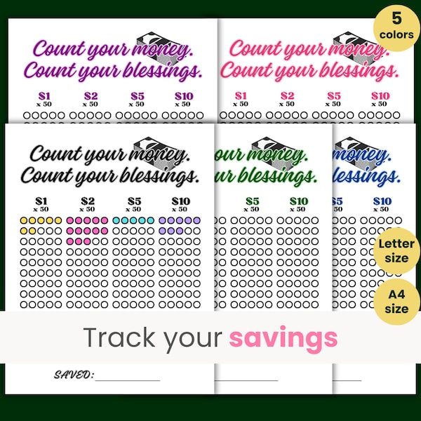 Mini Savings Challenge, Savings Tracker, Emergency Fund, Rainy Day Savings, Count your Money, Count your Blessings, Letter size, A4 size