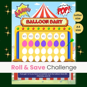 Dice Savings Challenge Game, Mini Savings Challenge, Roll the Dice, Low Budget Savings, Theme Park Savings, Balloon Dart, Letter size, A4