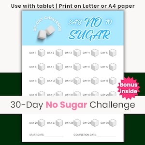 No Sugar Challenge, 30 Day No Sugar Tracker, Sugar Free Challenge, Sugar Detox, Weight Loss, Reduce Sugar Craving, Body Detox, Healthy Diet