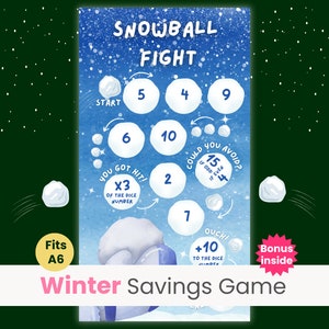 Winterspaarspel, geldbegroting, gooi de dobbelsteenbesparingsuitdaging, minispaarspel, sneeuwballengevecht, past op A6-map