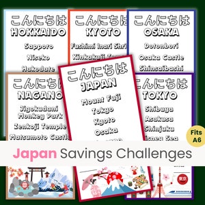 May include: A set of colorful printable cards with Japanese text and illustrations. The cards feature different cities and landmarks in Japan, including Hokkaido, Kyoto, Osaka, Nagano, and Tokyo. The cards are designed for a savings challenge and are labeled "Japan Savings Challenges".