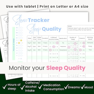 May include: A printable sleep tracker log with a green and white grid. The log includes columns for date, bed time, wake time, duration, caffeine/alcohol intake, medication, quality of sleep, dreams, and morning mood. The text "Sleep Tracker Sleep Quality" is at the top of the page. The text "Monitor your Sleep Quality" is at the bottom of the page.