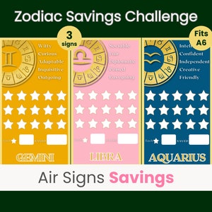 Zodiac Savings Challenge, Air Star Sign, Gemini, Libra, Aquarius, Birthday Savings Challenge, Mini Savings Challenge, Star Savings, Fits A6