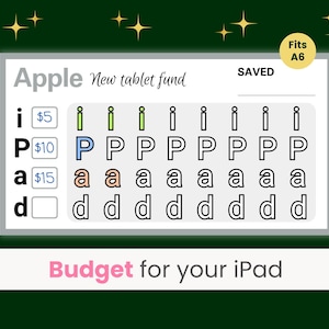 May include: A white and grey chart with the text "Apple New tablet fund" and "Budget for your iPad". The chart has a grid with the letters "i", "P", "a", and "d" in columns and rows. Each letter has a dollar amount next to it. The chart is designed to help people budget for a new iPad.