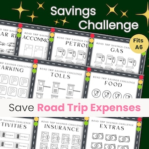 Könnte beinhalten: Ein druckbares Roadtrip-Spar-Herausforderungsspiel mit 8 verschiedenen Kategorien: Mietwagen, Unterkunft, Benzin, Gas, Parken, Maut, Essen, Aktivitäten, Versicherung und Extras. Jede Kategorie hat eine Schwarzweißillustration und einen Titel. Das Spiel ist für Papier im Format A6 konzipiert.