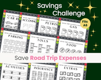 May include: A printable road trip savings challenge game with 8 different categories: car rental, accommodation, petrol, gas, parking, tolls, food, activities, insurance, and extras. Each category has a black and white illustration and a title. The game is designed to fit A6 size paper.