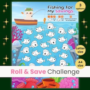 Roll the Dice Savings Challenge Game, Mini Savings Challenge, Fun Money Savings Challenge, Fishing For My Savings, Letter size, A4 size