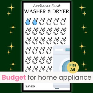 May include: A budget tracker for a washer and dryer, with the text "Appliance Fund" at the top. The design features water droplet icons, with some colored blue. The text "Budget for home appliance" is at the bottom.