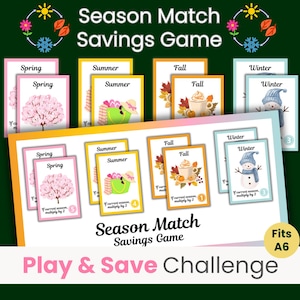 May include: A colorful game board with cards featuring illustrations of the four seasons: spring, summer, fall, and winter. The game is called "Season Match Savings Game" and encourages players to "Play & Save Challenge".