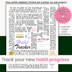 Op de afbeelding: Een zwart-witte printbare gewoontetracker met een kalenderindeling voor elke maand van het jaar. De maanden zijn in een cirkel gerangschikt met de tekst "Habit Tracker" in het midden. De tekst "Regelmatig jaar + Schrikkeljaar" staat in een roze cirkel rechtsboven. De tekst "Volg je nieuwe gewoontevoortgang" staat onderaan de pagina.
