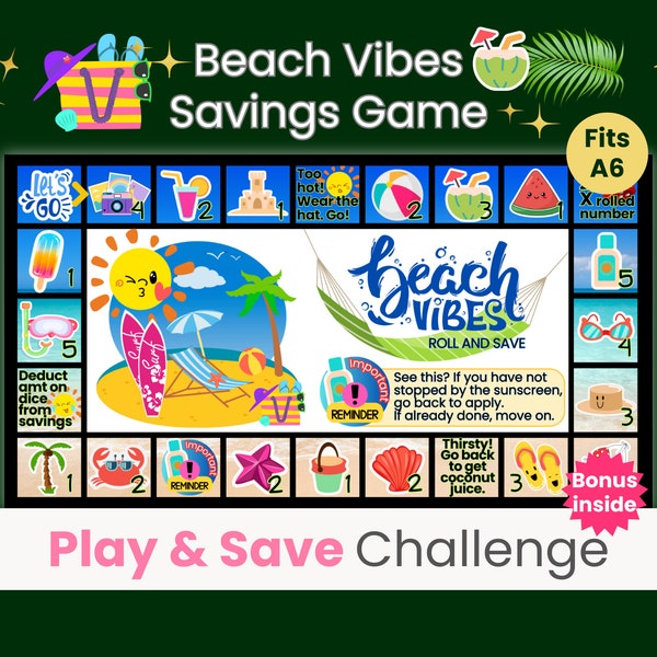 Savings Challenge Game, Beach Savings Board Game, Vacation Savings, Mini Savings Challenge, Roll the Dice Savings, Fits A6 Binders