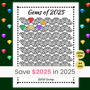 Ahorra 2025 en 2025, Desafío de ahorro 2025, Desafío de ahorro de Año Nuevo, Presupuesto 2025, Joyas de 2025, Tamaño carta, Tamaño A4