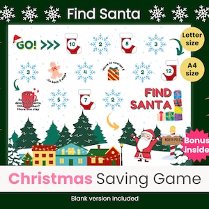 Kerstbewaarspel, kerstbegroting, leuk spaarspel, gooi de dobbelsteenbesparingsuitdaging, zoek de kerstman, Letter-formaat, A4-formaat