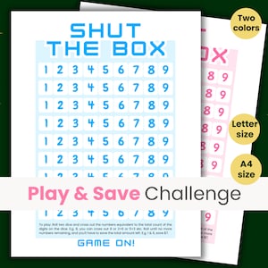 Może przedstawiać: Drukowana gra o nazwie "Shut the Box" w niebiesko-różowym schemacie kolorystycznym. Gra polega na rzucaniu kostkami i przekreślaniu liczb na siatce. Instrukcje obejmują "Play & Save Challenge" i "Game On!"