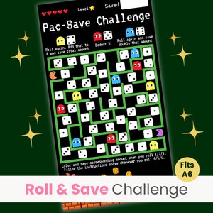 Rol het dobbelstenen spaarspel, spaaruitdagingsspel, mini spaaruitdaging, Pacman besparingen, Pac-Save uitdaging, past op A6 geldbinder