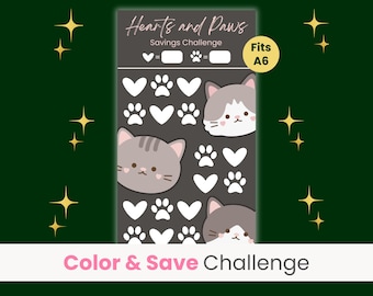 Cute Savings Challenge, Pet Savings Tracker, Cat Budgeting, Mini Savings Challenge, Hearts and Paws, Fits A6 Binder
