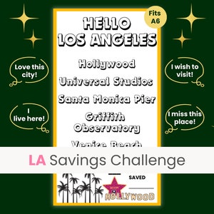 May include: A printable savings challenge poster with a green background and gold stars. The poster features the text "HELLO LOS ANGELES" and lists popular Los Angeles attractions, including Hollywood, Universal Studios, Santa Monica Pier, Griffith Observatory, and Venice Beach. The poster also includes a section for tracking savings with the text "SAVED" and a Hollywood star.