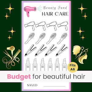 Op de afbeelding: Een printbare budgettracker voor haarverzorging met een roze föhn, haarborstels, stijltangen en haarproducten. De tekst luidt "Beauty Fund Hair Care" en "Budget voor mooi haar".