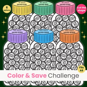 Puede incluir: Una página para colorear imprimible con seis frascos llenos de monedas de dólar. Los frascos tienen tapas de diferentes colores y cada frasco tiene un precio por moneda y una cantidad total ahorrada. El texto "Color & Save Challenge" está en la parte inferior de la página. El texto "Cut the shape" está en un globo de diálogo sobre los frascos. El texto "Fits A6" está en un círculo amarillo en la esquina inferior derecha de la página.