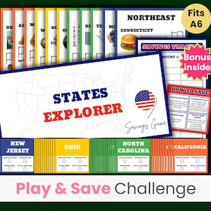 May include: A colorful game set with the text "STATES EXPLORER" and "Play & Save Challenge". The set includes cards for different states, a savings tracker, and a bonus inside. The design features a map of the United States and the American flag.
