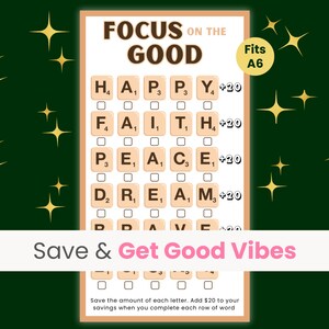 Focus on the Good Savings Challenge, Mini Savings Challenge, Inspirational Savings Challenge, Affirmative Words, Scrabble Word