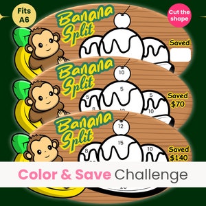 Pode incluir: Três páginas para colorir imprimíveis com um banana split e um macaco. As páginas são etiquetadas como "Banana Split" e têm números no sorvete. O texto "Color & Save Challenge" está na parte inferior da imagem. O texto "Cut the shape" e "Saved" está no canto superior direito da imagem.