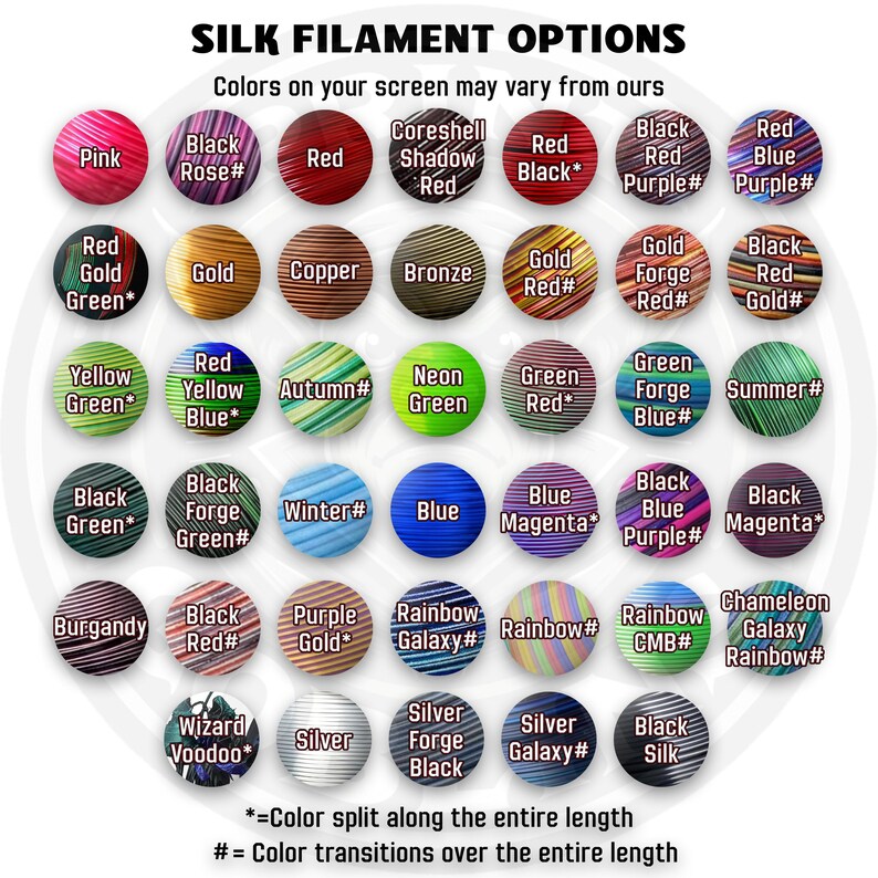 Puede incluir: Un gr&aacute;fico circular muestra varias opciones de color de filamento de seda, incluyendo rosa, rojo, oro, verde, azul y negro. El texto en la parte superior dice "SILK FILAMENT OPTIONS". Texto adicional aclara que los colores en pantalla pueden variar.