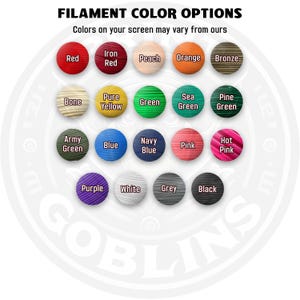 Puede incluir: Una carta de colores que muestra varias opciones de color de filamento, incluyendo rojo, naranja, verde y azul. El texto "OPCIONES DE COLOR DE FILAMENTO" est&aacute; en la parte superior, con una exenci&oacute;n de responsabilidad sobre las variaciones de color en la pantalla.