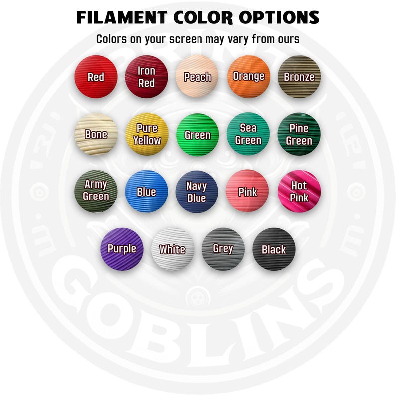 Puede incluir: Una carta de colores que muestra varias opciones de color de filamento, incluyendo rojo, naranja, verde y azul. El texto "OPCIONES DE COLOR DE FILAMENTO" est&aacute; en la parte superior, con una exenci&oacute;n de responsabilidad sobre las variaciones de color en la pantalla.