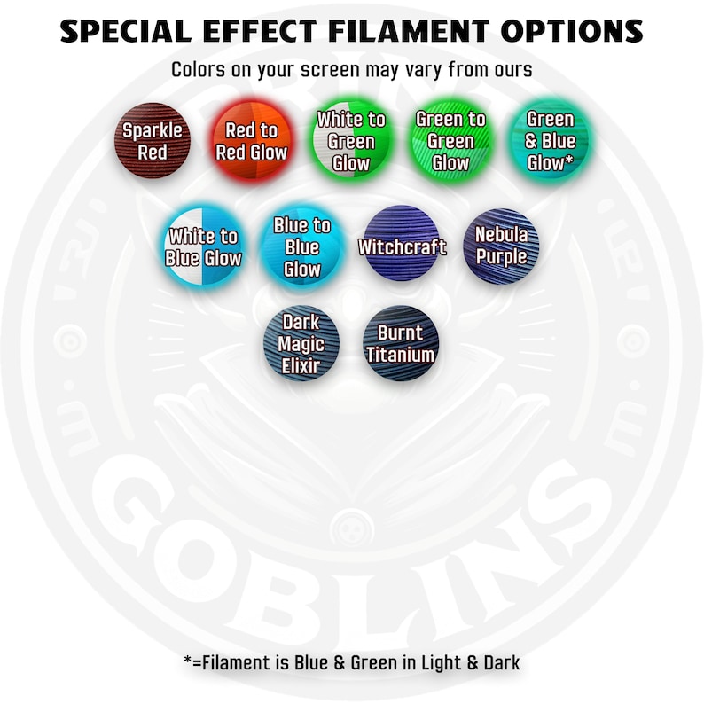 Puede incluir: Gr&aacute;fico que muestra opciones de filamentos de efectos especiales. La imagen muestra varias muestras de color, incluyendo Sparkle Red, Red to Red Glow, White to Green Glow, Green to Green Glow y Green & Blue Glow. Colores adicionales son White to Blue Glow, Blue to Blue Glow, Witchcraft, Nebula Purple, Dark Magic Elixir y Burnt Titanium.