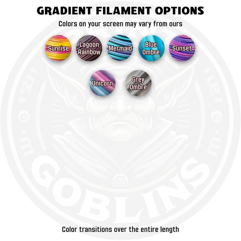 Puede incluir: Imagen que muestra opciones de filamentos degradados con nombres de colores: Sunrise, Lagoon Rainbow, Mermaid, Blue Ombre, Sunset, Unicorn y Grey Ombre. El texto indica que los colores pueden variar y las transiciones de color ocurren en toda la longitud.