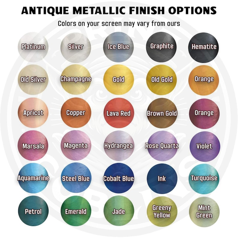 Puede incluir: Imagen que muestra una carta de colores con el texto "ANTIQUE METALLIC FINISH OPTIONS". La carta presenta 30 muestras de color circulares, cada una etiquetada con un nombre de acabado met&aacute;lico &uacute;nico, incluyendo Platinum, Gold y Emerald. Tambi&eacute;n est&aacute; presente el texto "Colors on your screen may vary from ours".