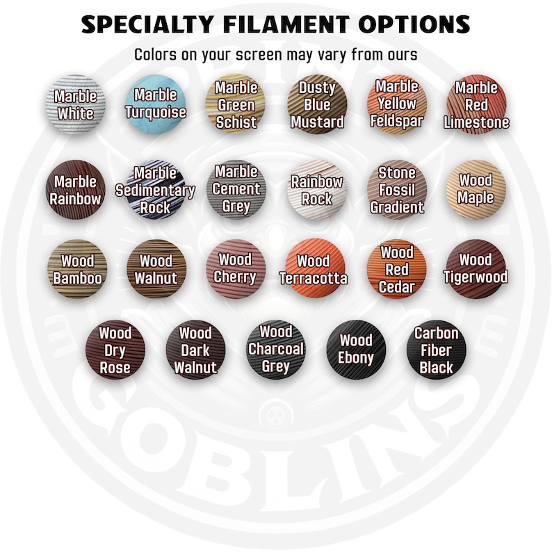 Puede incluir: Imagen de producto que muestra una variedad de opciones de filamentos especiales. La imagen muestra una disposici&oacute;n circular de muestras de color, cada una etiquetada con un nombre &uacute;nico como "Marble White", "Wood Cherry" y "Carbon Fiber Black". El texto "SPECIALTY FILAMENT OPTIONS" est&aacute; en la parte superior.