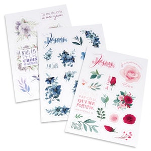 Lot de 3 planches avec 38 autocollants chrétiens - motifs floraux, stickers chrétiens femmes, stickers Bible, cadeau chrétien femmes