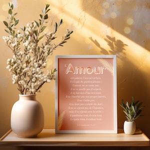 Love is patient poster frame, Bible verse in French 1 Corinthians 13, , A4 quote frame poster, Bible Christian wedding gift
