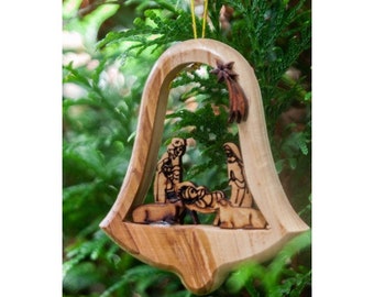 Wooden bell to hang in olive wood, nativity scene in bell, handmade, Christian gift, Christmas hanging, Christian decoration.