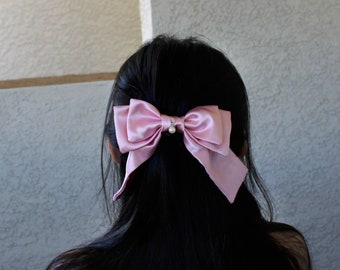 Medium Sized Satin Bow with a Pearl charm | Hair Bow Barrettes | Japanese Style | Luxe Ribbon Clips