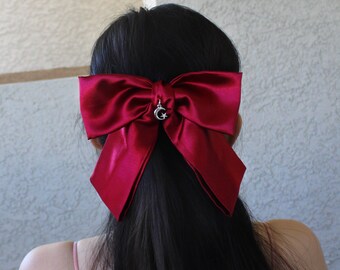 Silk Sailor Bow Barrette | Bow with a Moon Charm | Oversized Satin Ribbon | Anime Style Fashion | Japanese Fashion | Christmas gift
