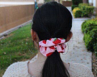 Pink Strawberry Patterned scrunchie | Soft Cotton Scrunchie | Winter Hair Accessory | Handmade gift