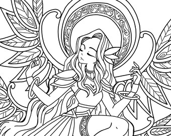 May include: A black and white line drawing of an angel with wings, a halo, and a flowing gown. The angel is depicted with closed eyes and a serene expression.