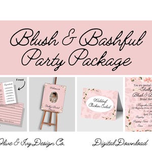May include: A digital download package for a bridal shower with a blush and bashful theme. The package includes a welcome sign, recipe cards, and invitations with floral designs.
