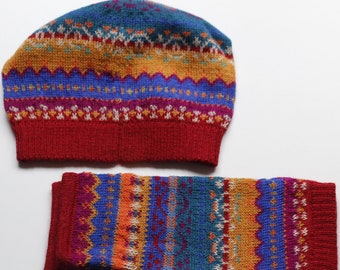 Pure Alpaca Wool Hat & Fingerless Gloves Combination -  Blue, Red and Yellow