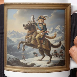 Miauw-peror Napoleon kattenmok - Jacques-Louis David Cat Art Cup - grappige geschiedenis buff cadeau - militaire kat kruising Alpen decor