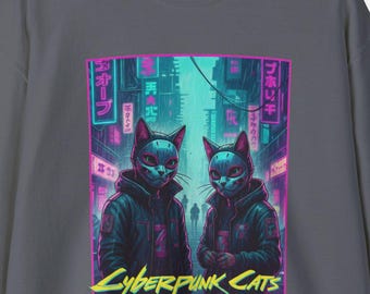 Sudadera de gatos ciberpunk, suéter de estilo japonés, regalo para gamers con estética neón, ropa de eboy y egirl Y2K, sudadera con capucha de gato Synthwave, arte urbano
