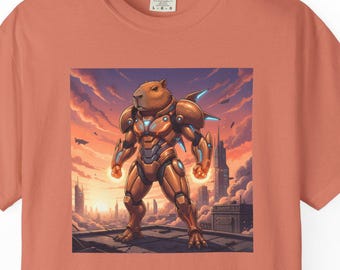 Futuristic Capybara Hardsuit T-Shirt, Mecha Capy Sci-Fi Tee, Cyberpunk Animal Comfort Colors Shirt, Gamer Gift, Robotic Capybara Art Top