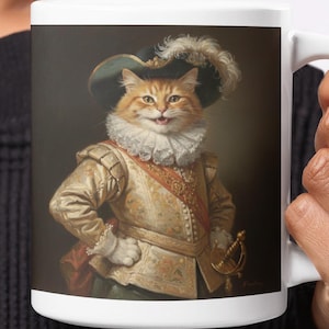 Taza de gato riendo Catvalier - Divertida taza con arte de gato de Frans Hals - Regalo felino de la Edad de Oro holandesa - Decoración elegante con retrato de gato pelirrojo