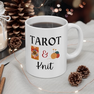 Tarot and Knit coffee tea mug, tarot lovers cup, knitting glass, wheel of fortune card, witch knitter gift, yarn needles, knitter nerd