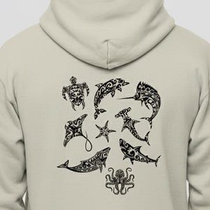 Tribal Ocean Life Gildan Hoodie, Polynesian Back Print Pullover, Maori Aesthetic Beach Gift