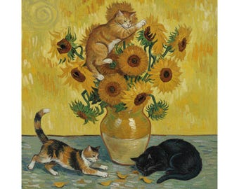 Pósteres de gatos con girasoles, pósteres de bellas artes, pósteres estilo Van Gogh, ilustraciones divertidas de gatos, pósteres florales, pósteres únicos